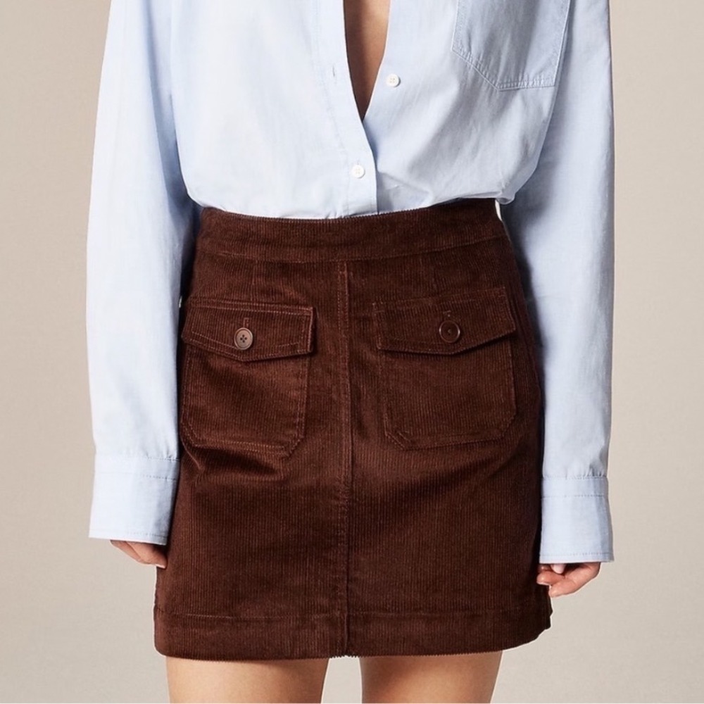 J.Crew CM744 Corduroy Mini Skirt Womens 16 Brown Stretch Front Pocket Side Zip